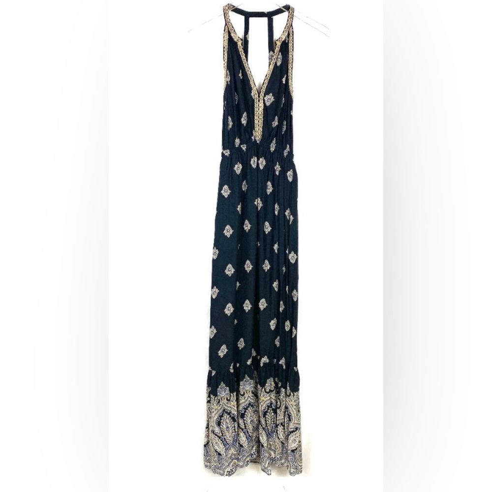 Lucky Brand Navy and Cream Patterned Maxi Dress